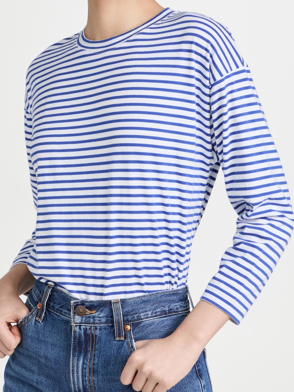 AYR Women’s Pima Cotton The French Fry Stripe Longsleeve Tee in Blue White M